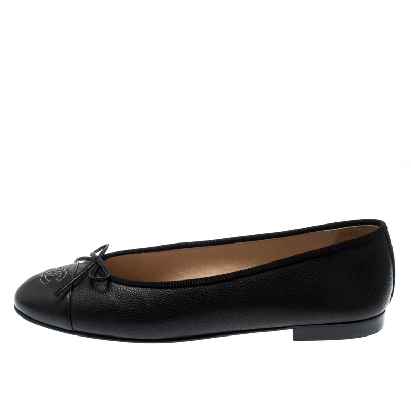 

Chanel Black Leather Bow CC Cap Toe Ballet Flats Size