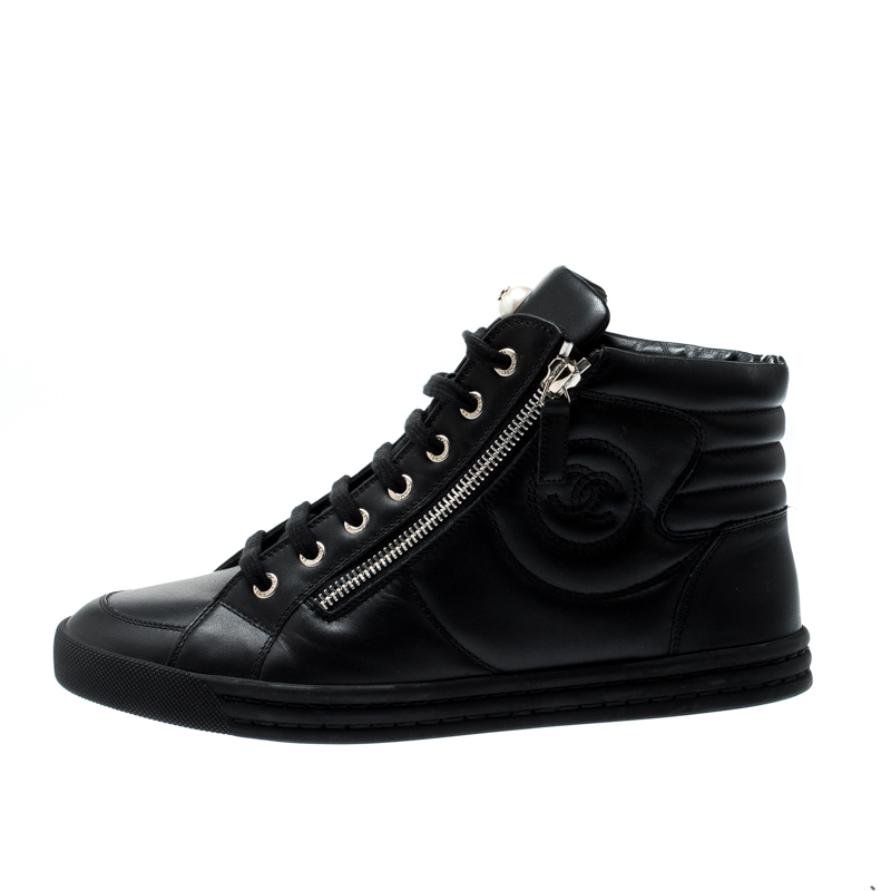 

Chanel Black Leather CC Double Zip Accent High Top Sneakers Size