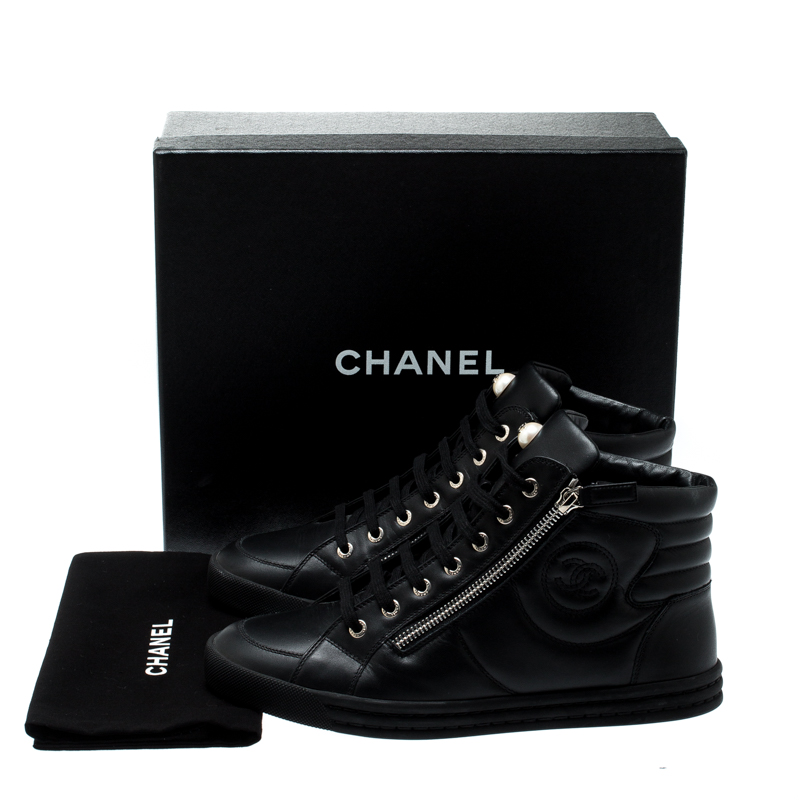 Chanel Black Leather CC Double Zip Accent High Top Sneakers Size 39 Chanel