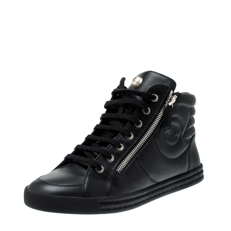 Chanel Black Leather CC Double Zip Accent High Top Sneakers Size 39