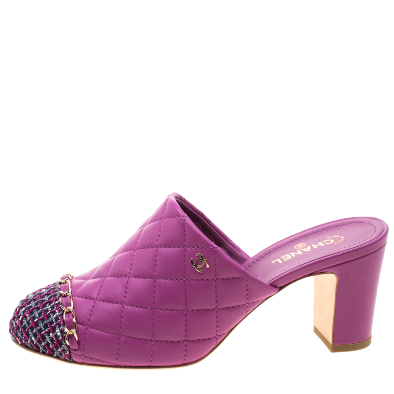 

Chanel Purple Quilted Leather CC Tweed Cap Toe Slip On Mules Size