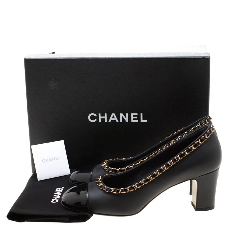 Chanel Black Leather Chain Trim Square Toe CC Block Heel Pumps Size 38  Chanel