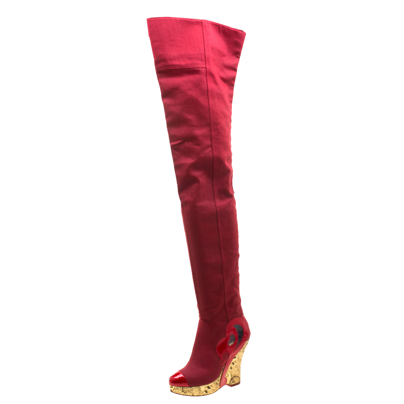 Chanel Red Patent Leather And Canvas Brocade Wedge Over The Knee Platform Boots Size 37.5