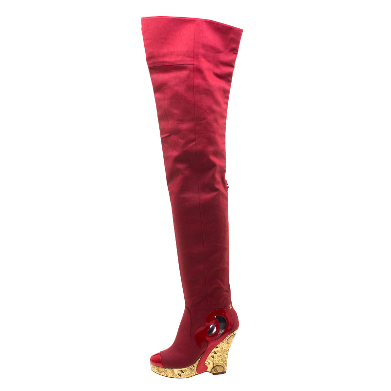 

Chanel Red Patent Leather And Canvas Brocade Wedge Over The Knee Platform Boots Size