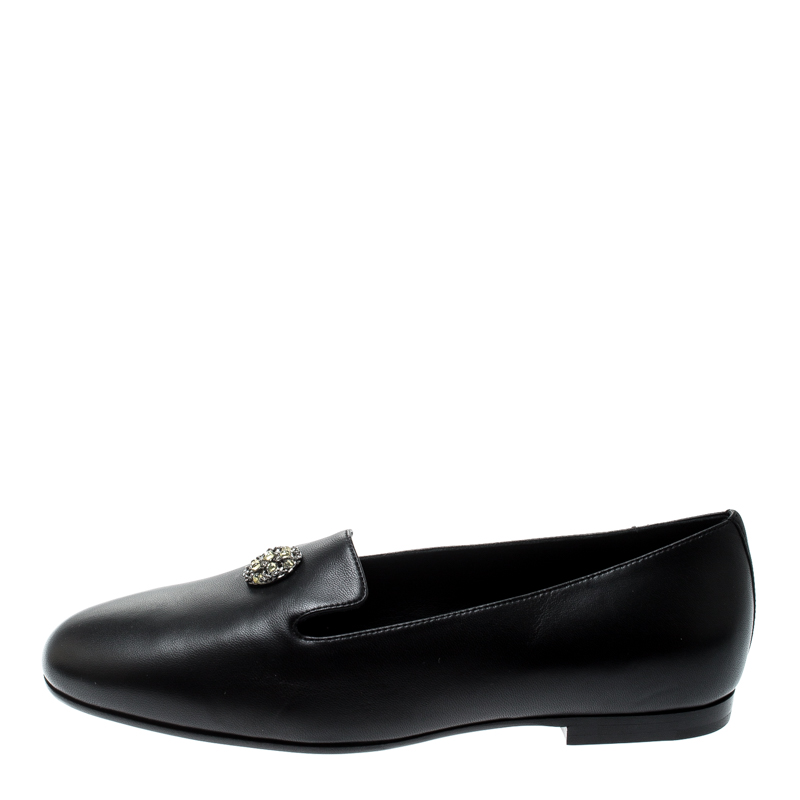 

Chanel Black Leather Crystal Embellished Smoking Slippers Size