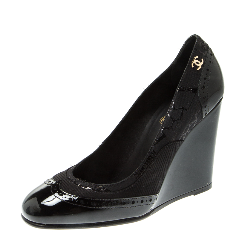 Chanel Black Brogue Patent Leather And Canvas Wedge Pumps Size 41 ...