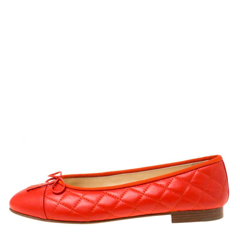 

Chanel Orange Quilted Leather CC Cap Toe Bow Ballet Flats Size