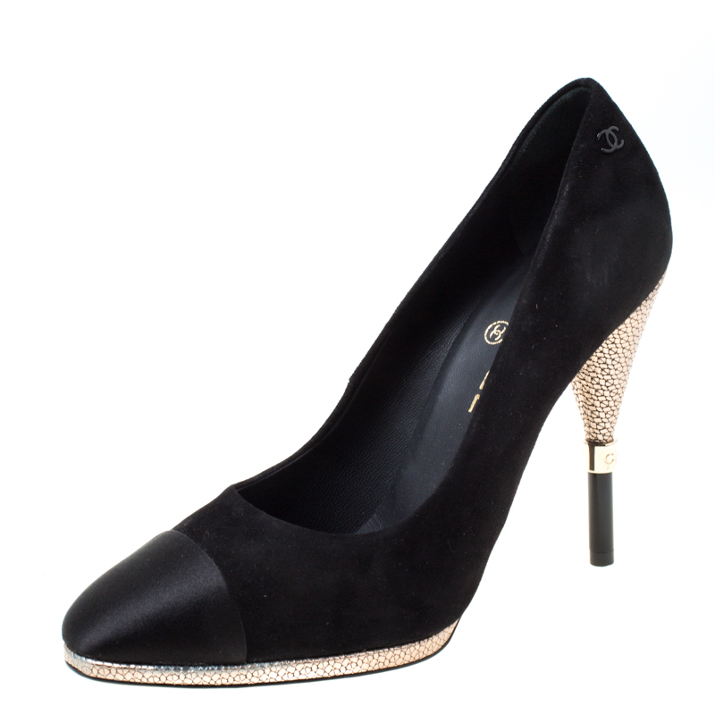 Chanel Black Suede And Satin Cap Toe CC Pumps Size 40.5