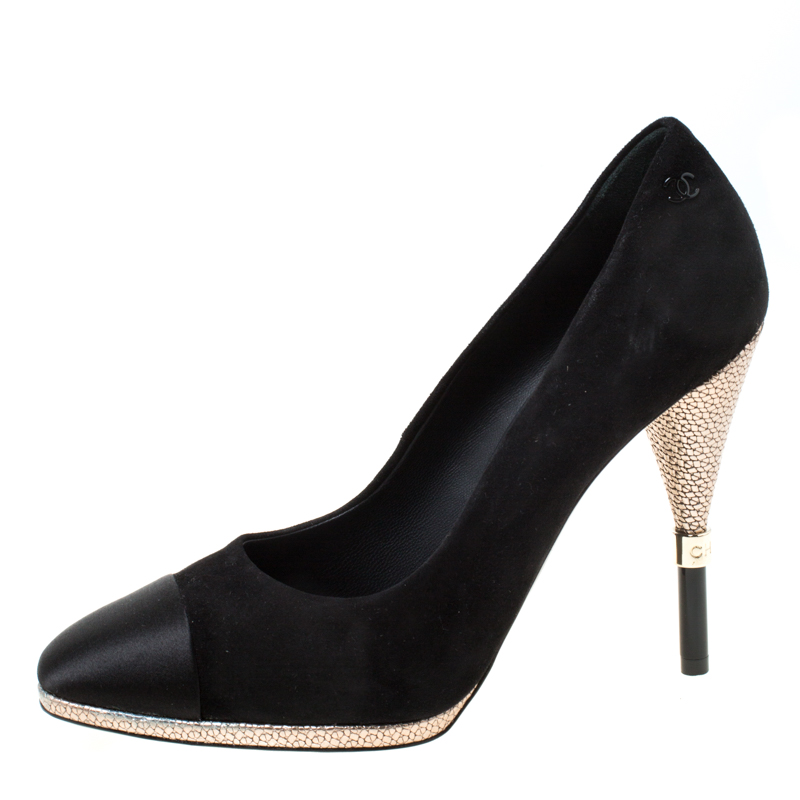 

Chanel Black Suede And Satin Cap Toe CC Pumps Size