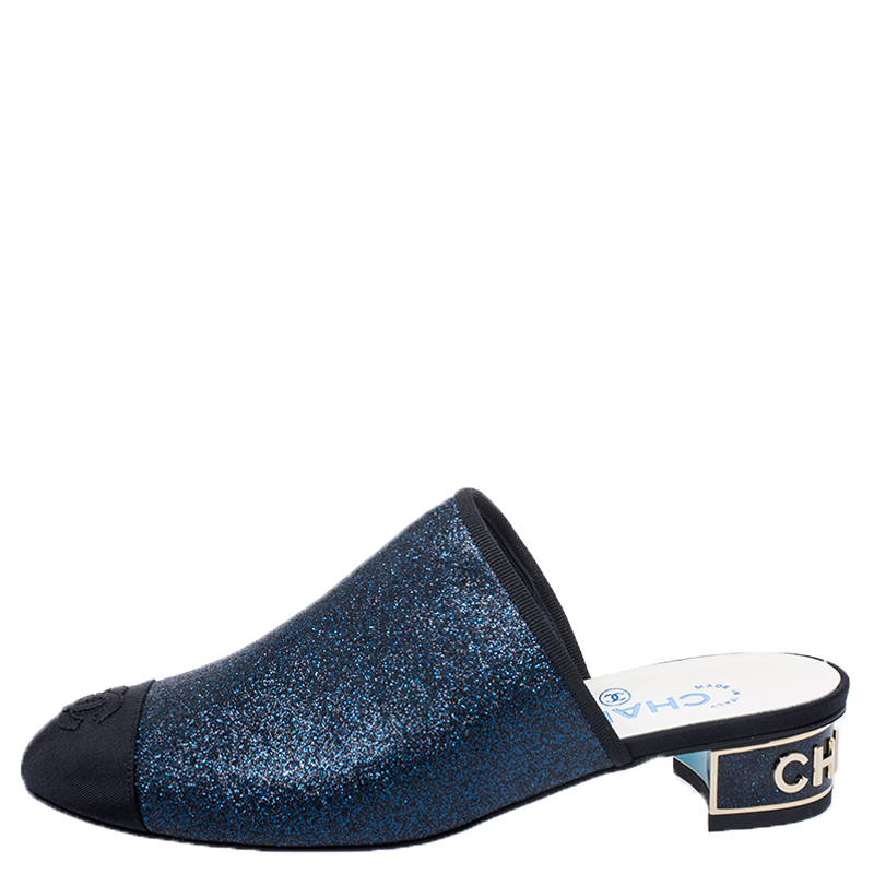 

Chanel Blue Glitter And Black CC Canvas Cap Toe Mules Size, Metallic