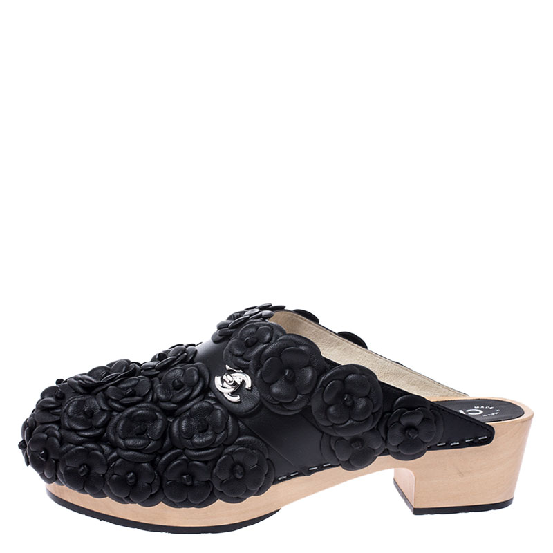 Chanel Metallic Black Camellia Embellished CC Lock Wooden Clogs Size 40.5