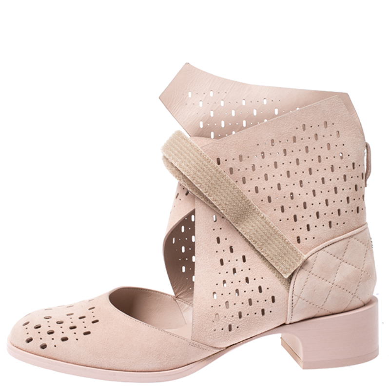 

Chanel Beige Laser Cut Suede Velcro Ankle Boots Size