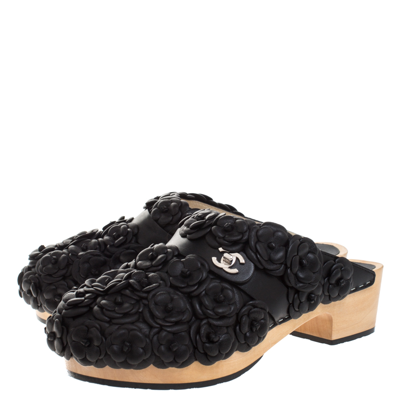 Chanel Metallic Black Camellia Embellished CC Lock Wooden Clogs Size 40  Chanel | TLC