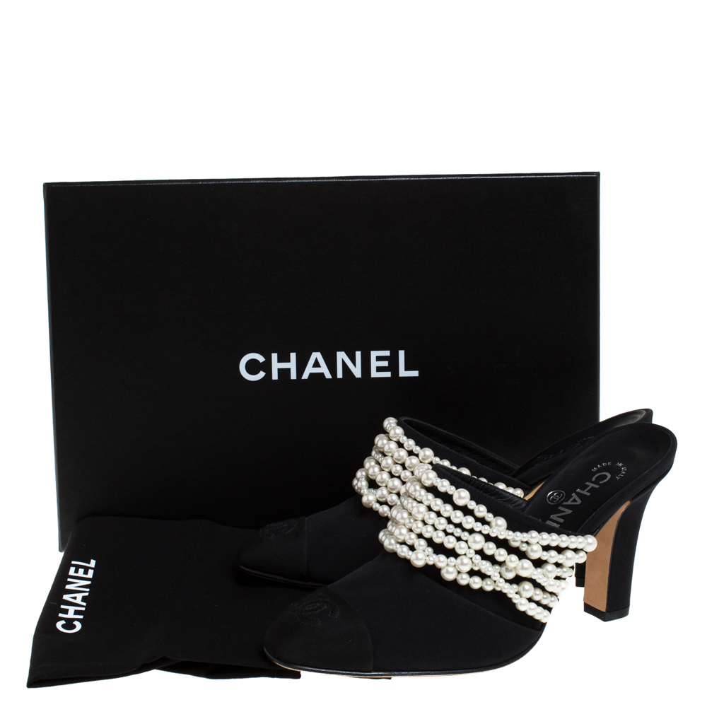 Chanel Black Cotton Fabric Pearl Embellished CC Mule Sandals Size