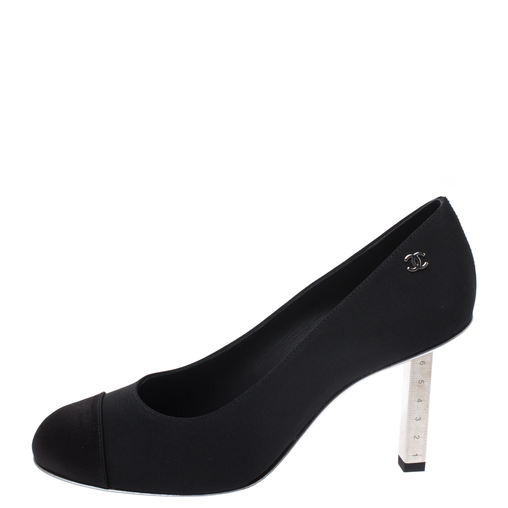 

Chanel Black Grosgrain And Satin CC Metal Ruler Heel Pumps Size