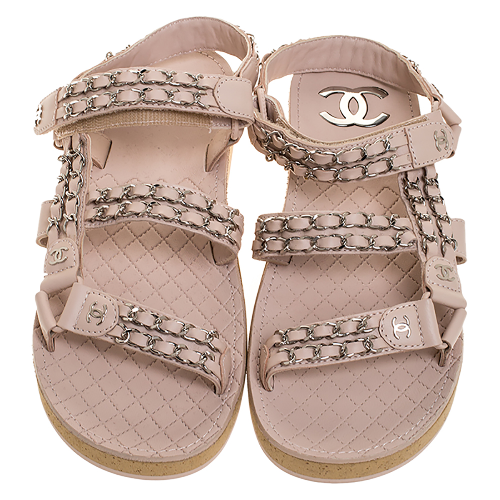 Chanel Beige Leather Chain Embellished Ankle Strap Flat Sandals Size 40