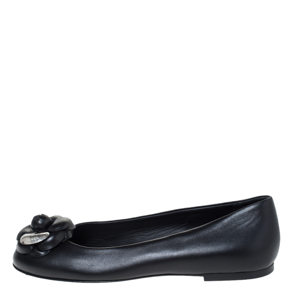 

Chanel Black Leather Camellia Ballet Flats Size