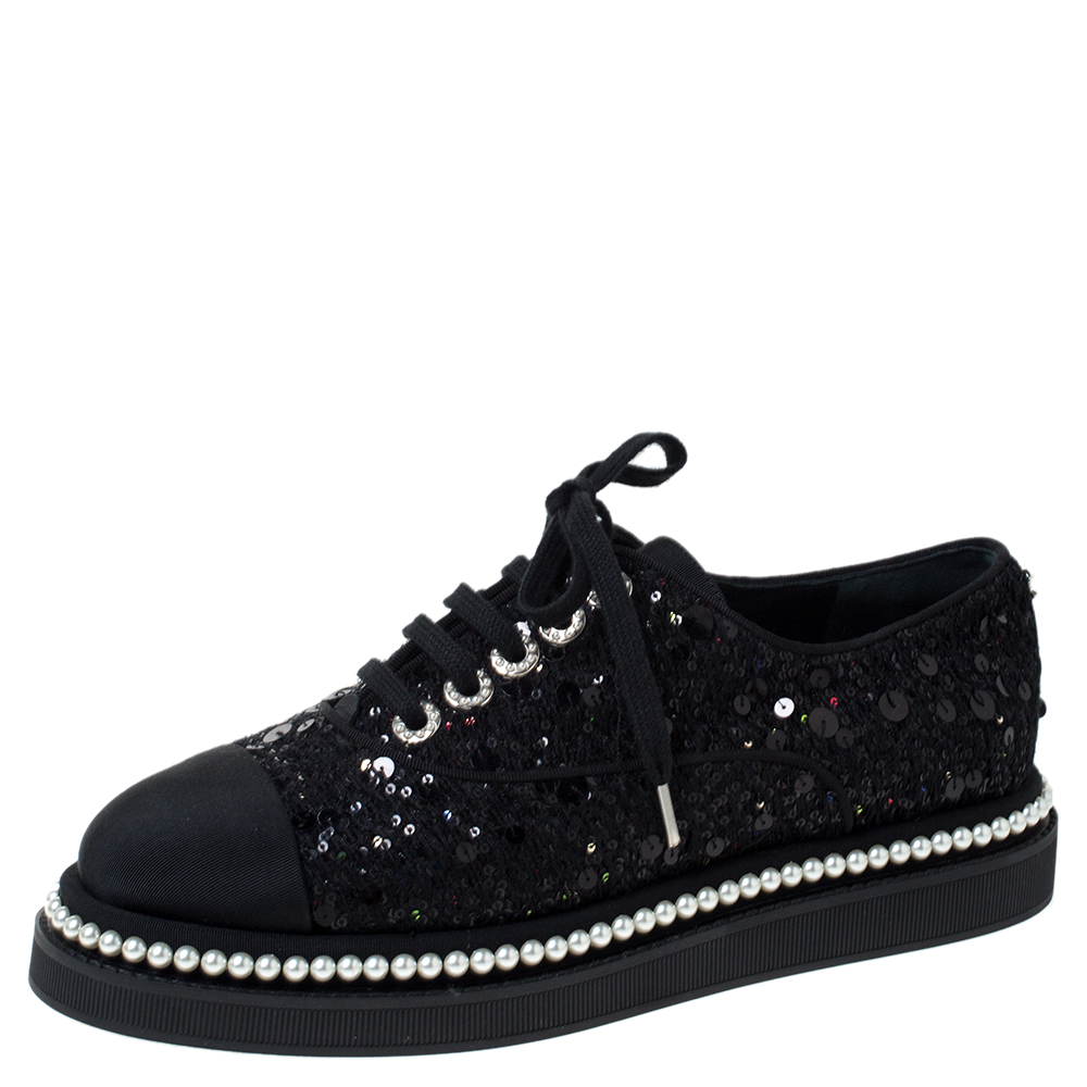 Chanel Black Sequin Embellished Tweed Fabric and CC Faux Pearl Trim Platform Sneakers Size 38