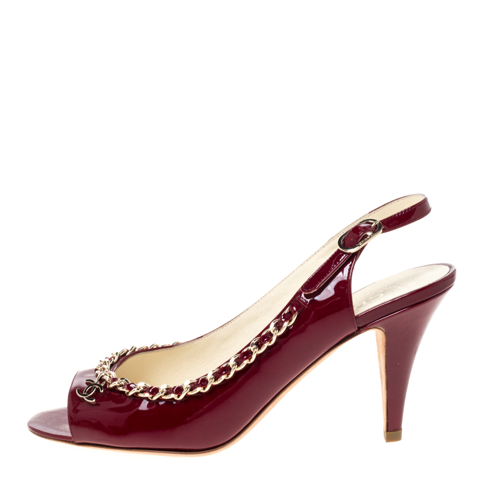 

Chanel Burgundy Patent Leather Chain Open Toe Slingback Sandals Size