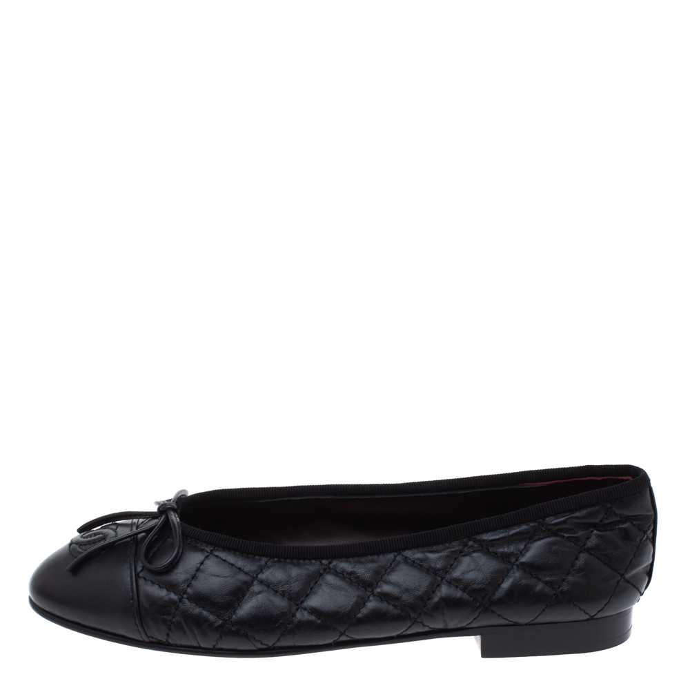 

Chanel Black Quilted Leather CC Bow Cap Toe Ballet Flats Size