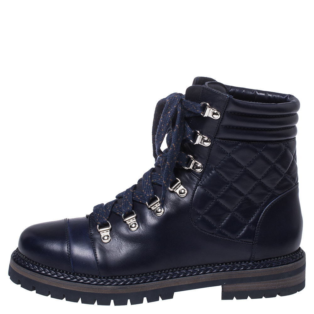 

Chanel Blue Quilted Leather CC Lace Up Combat Boots Size