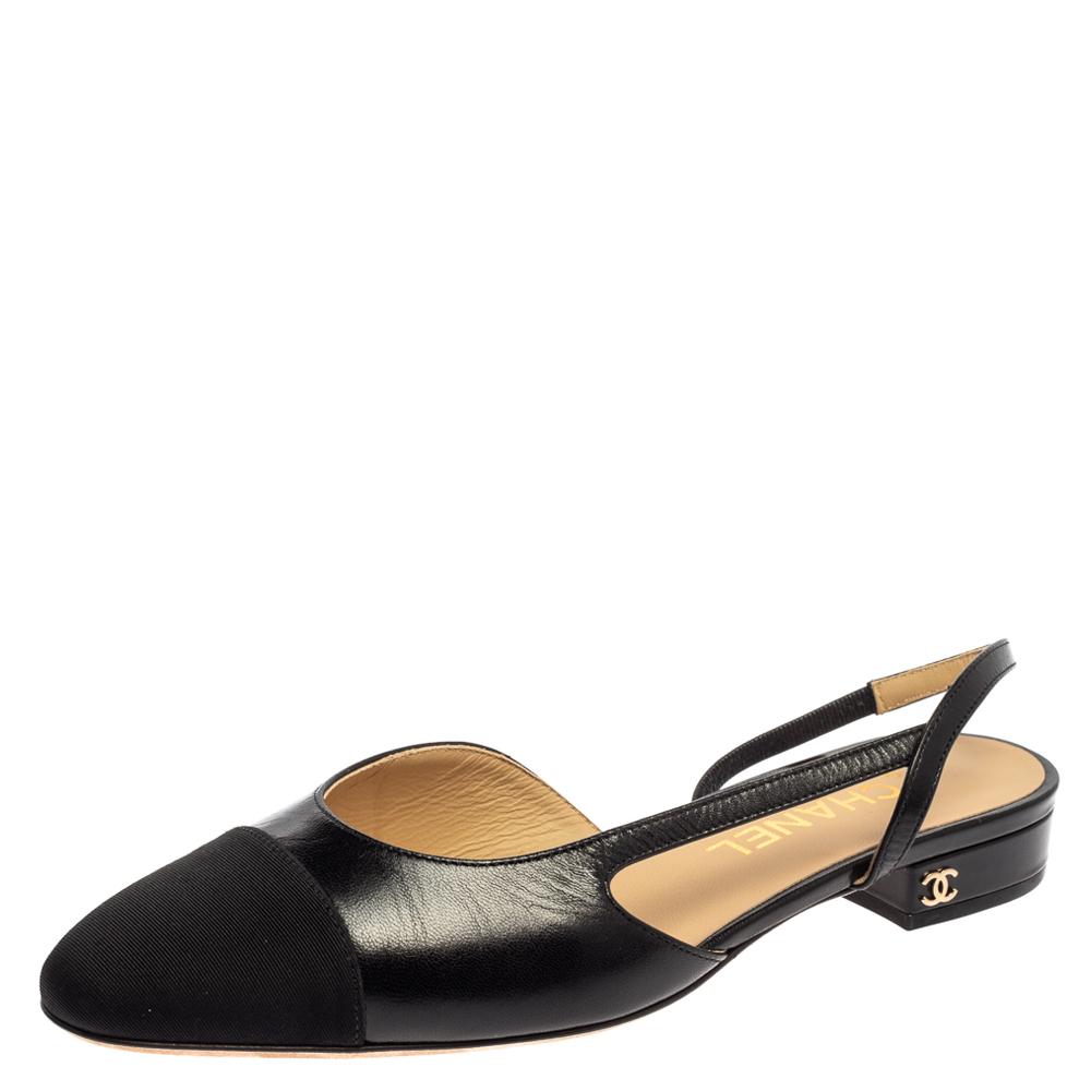 Pre Owned Chanel Black Leather and Fabric Cap Toe Slingback Sandals Size 38