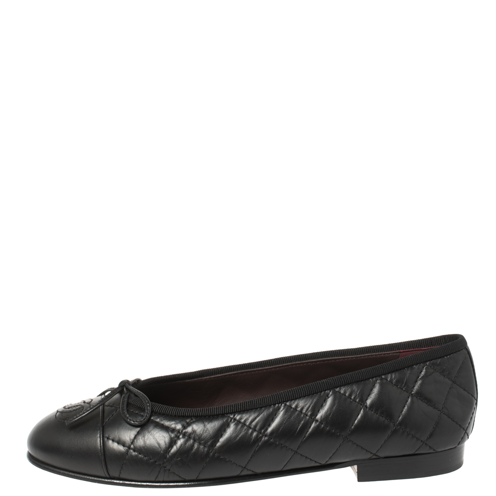 

Chanel Black Quilted Leather CC Bow Cap Toe Ballet Flats Size
