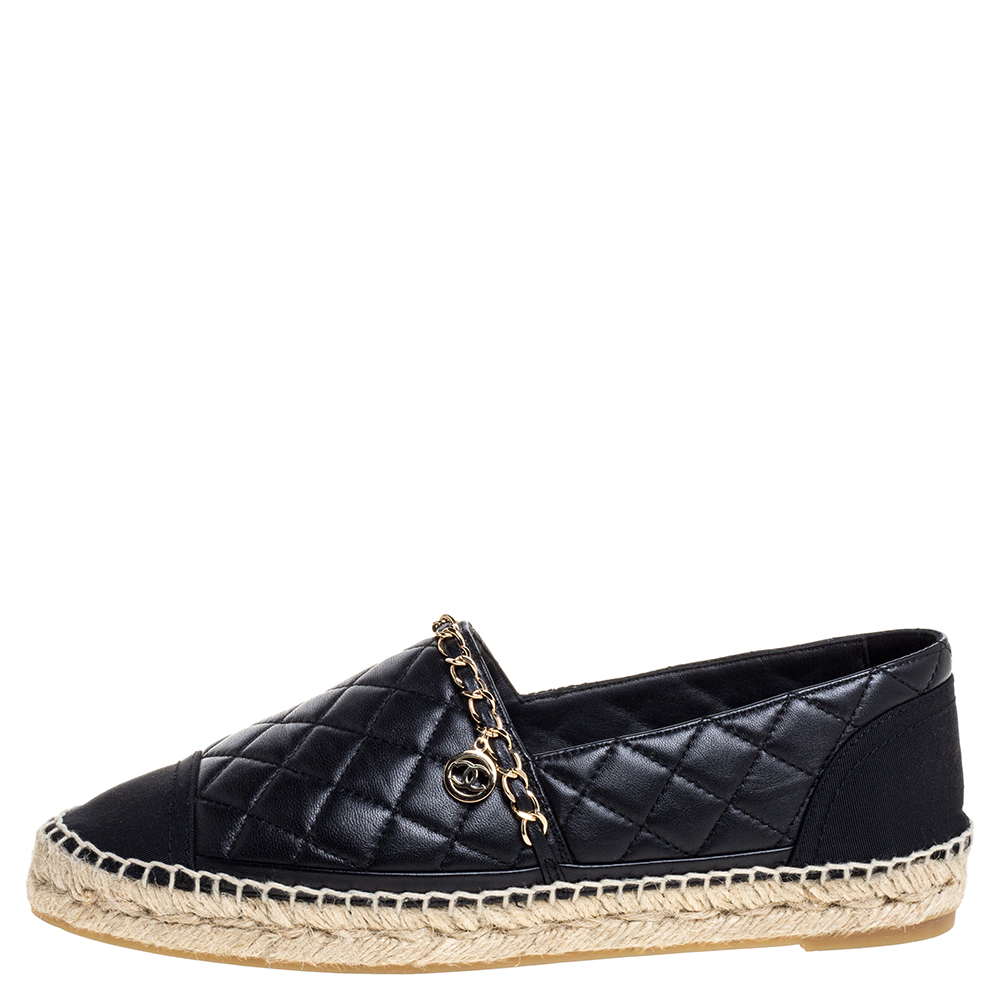 

Chanel Black Quilted Leather Chain-Link CC Espadrille Size