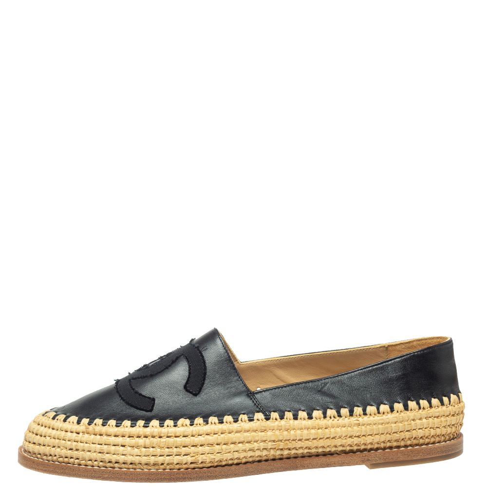 

Chanel Black Leather CC Raffia Espadrilles Size