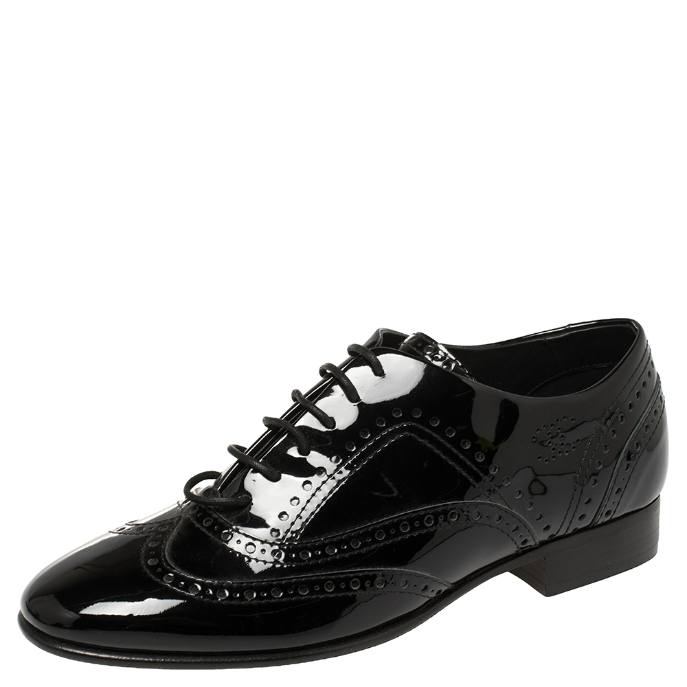 Pre-owned Chanel Black Patent Leather Brogue Lace-up Oxfords Size 38