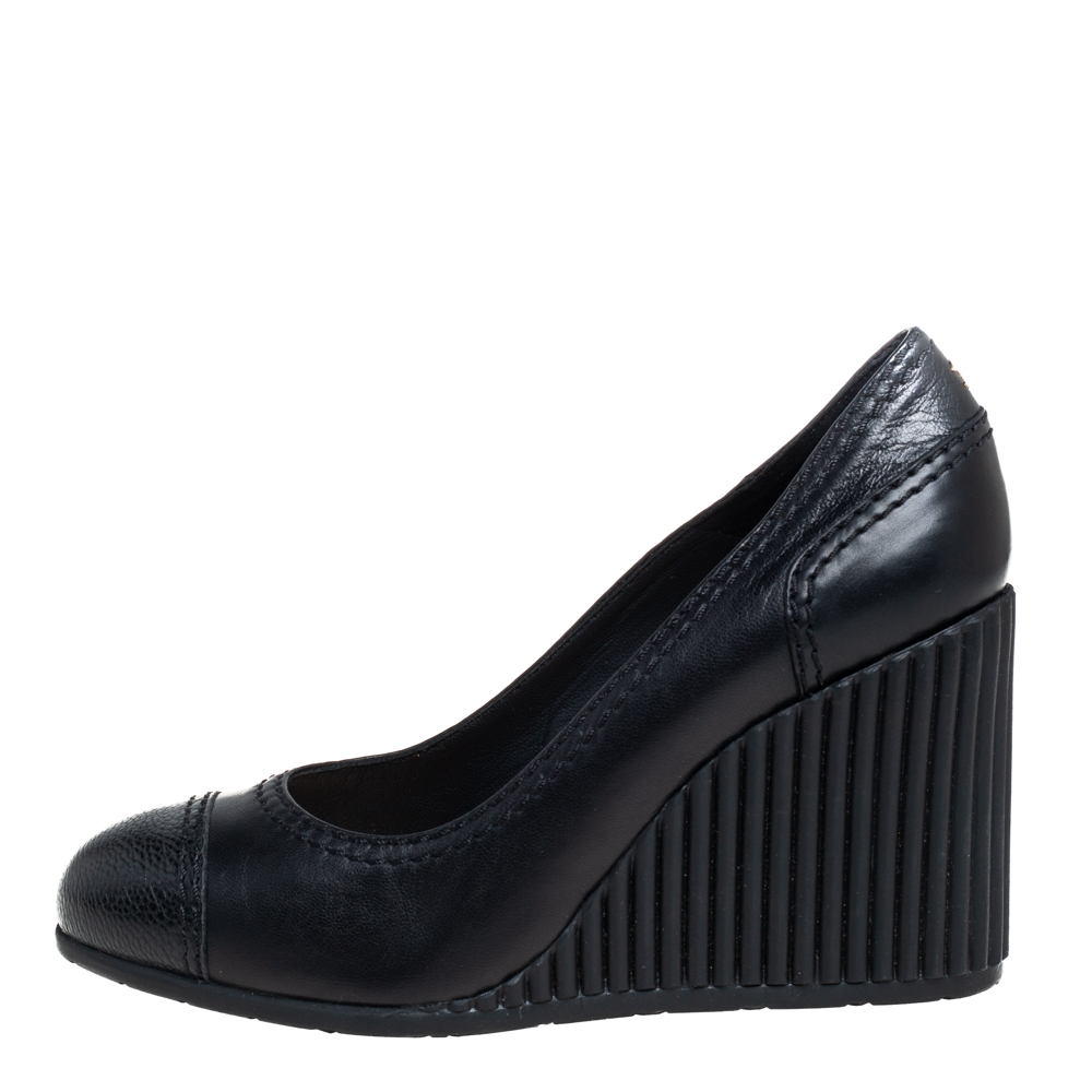 

Chanel Black Leather Wedge Cap Toe Pumps Size