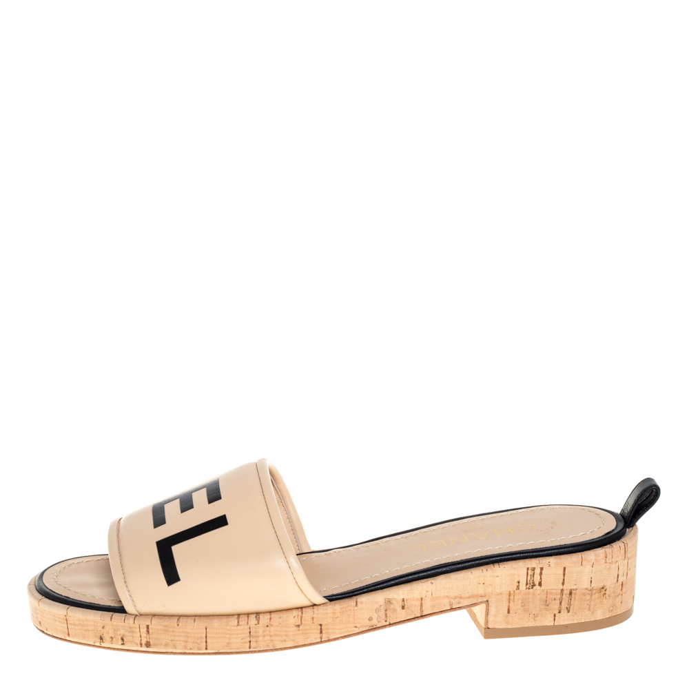 

Chanel Beige/Black Logo Cork Slide Sandals Size