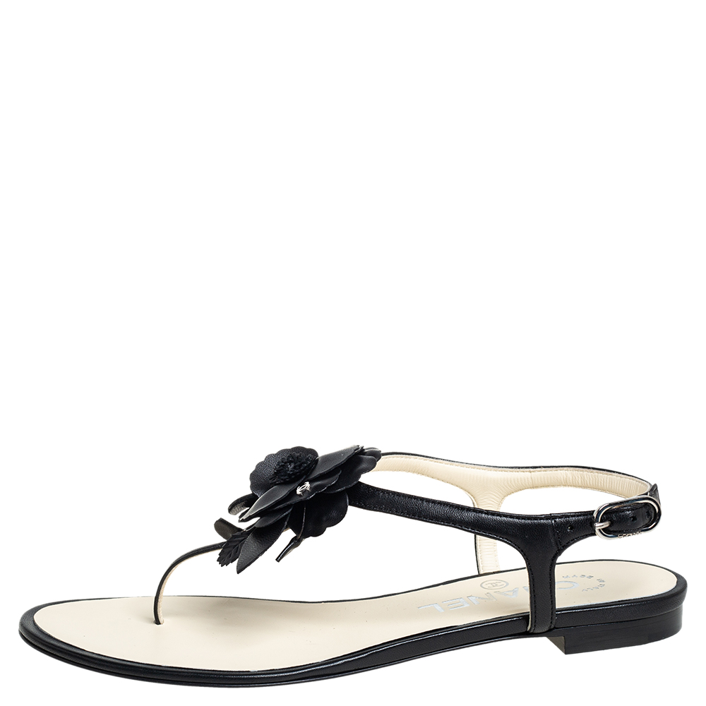 

Chanel Black Leather Camellia Flat Thong Sandals Size