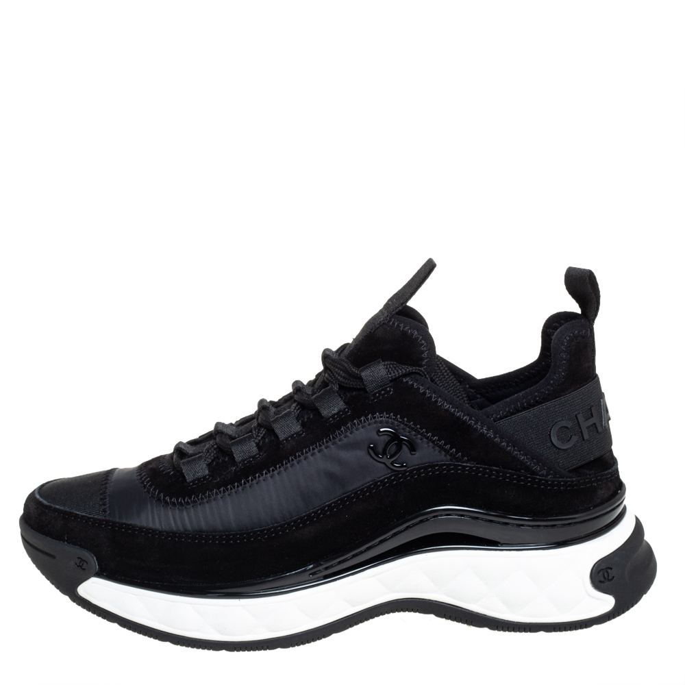 

Chanel Black Suede And Nylon CC Low Top Sneakers Size
