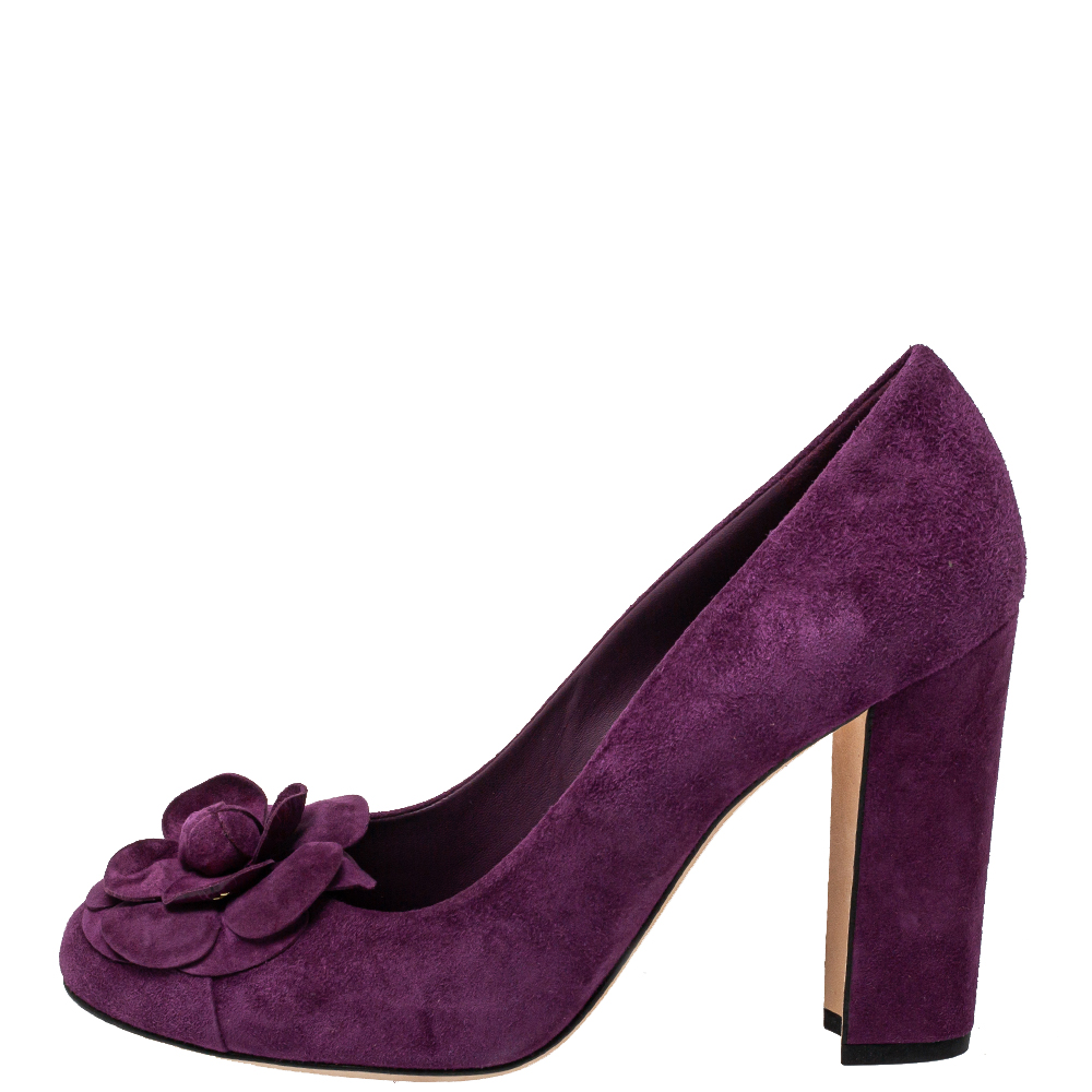 

Chanel Purple Suede Camellia CC Block Heel Pumps Size