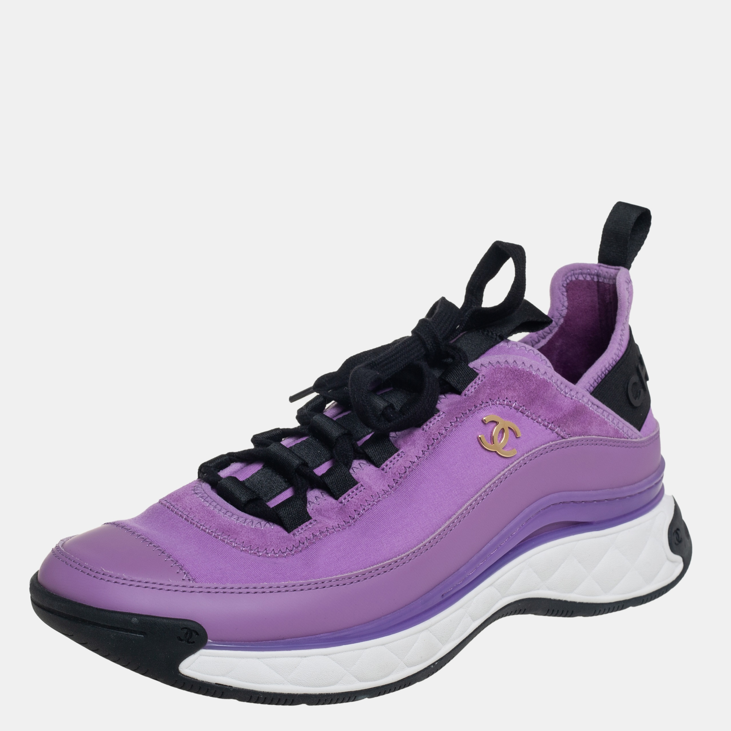 

Chanel Purple/Black Leather And Suede CC Sneakers Size