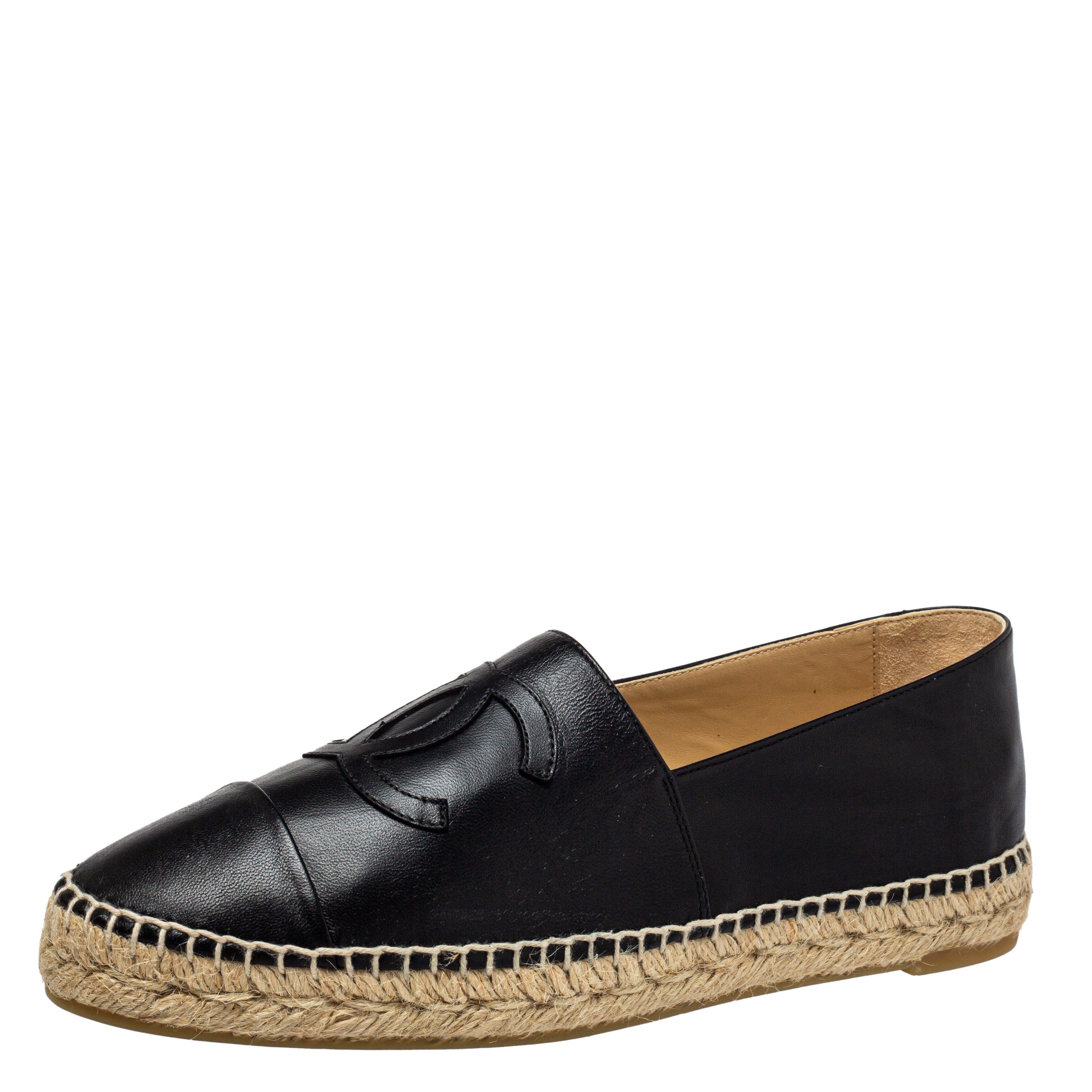 مملوكة مسبقًا Chanel Black Leather CC Cap Toe Espadrille Flats Size 40