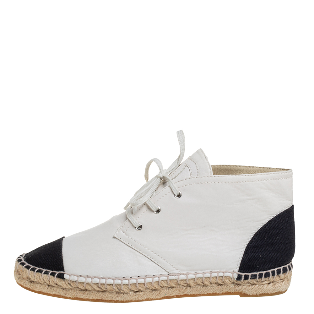 

Chanel White/Black Leather And Canvas High Top Espadrille Sneakers Size