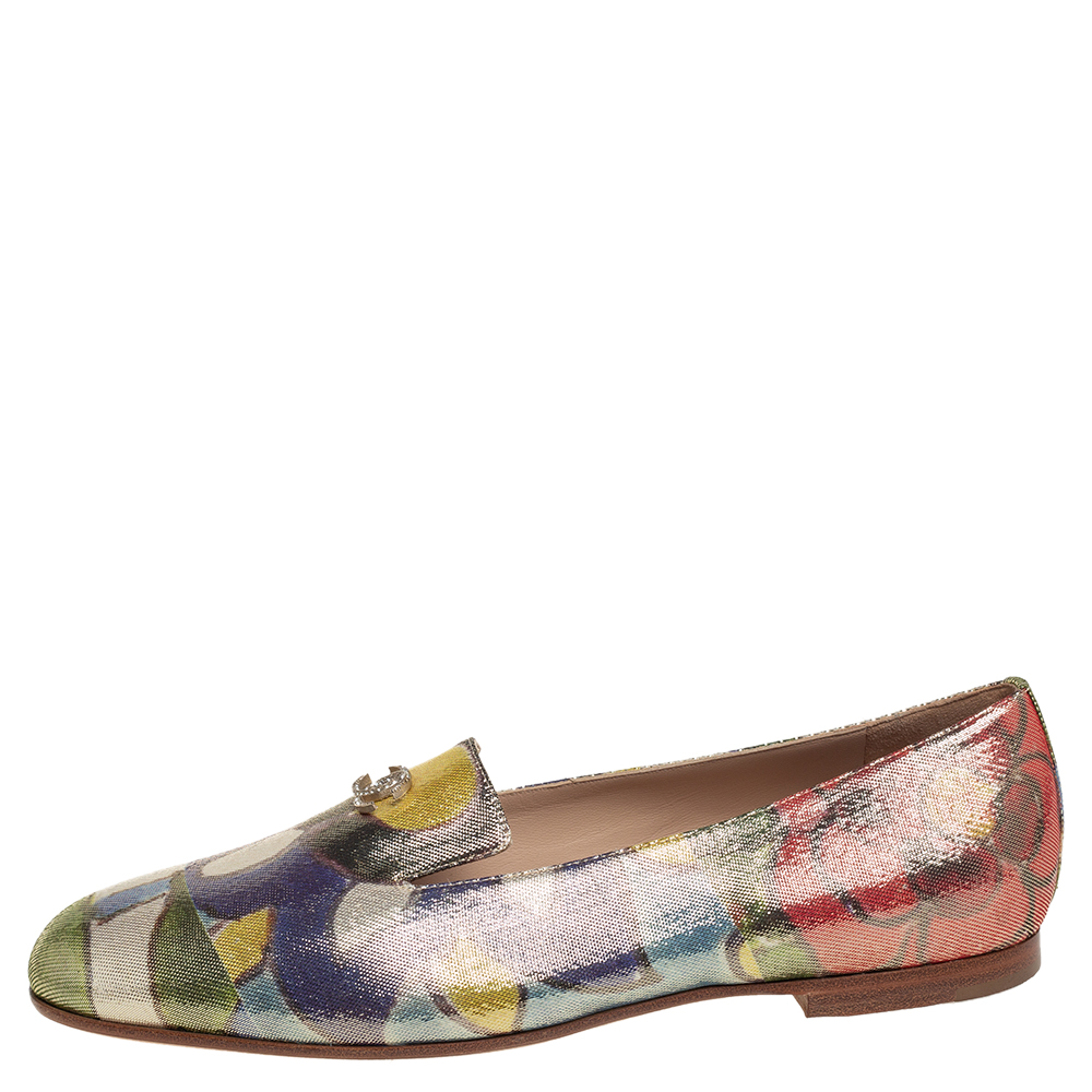 

Chanel Multicolor Floral Print Glitter Lamé Smoking Slippers Size