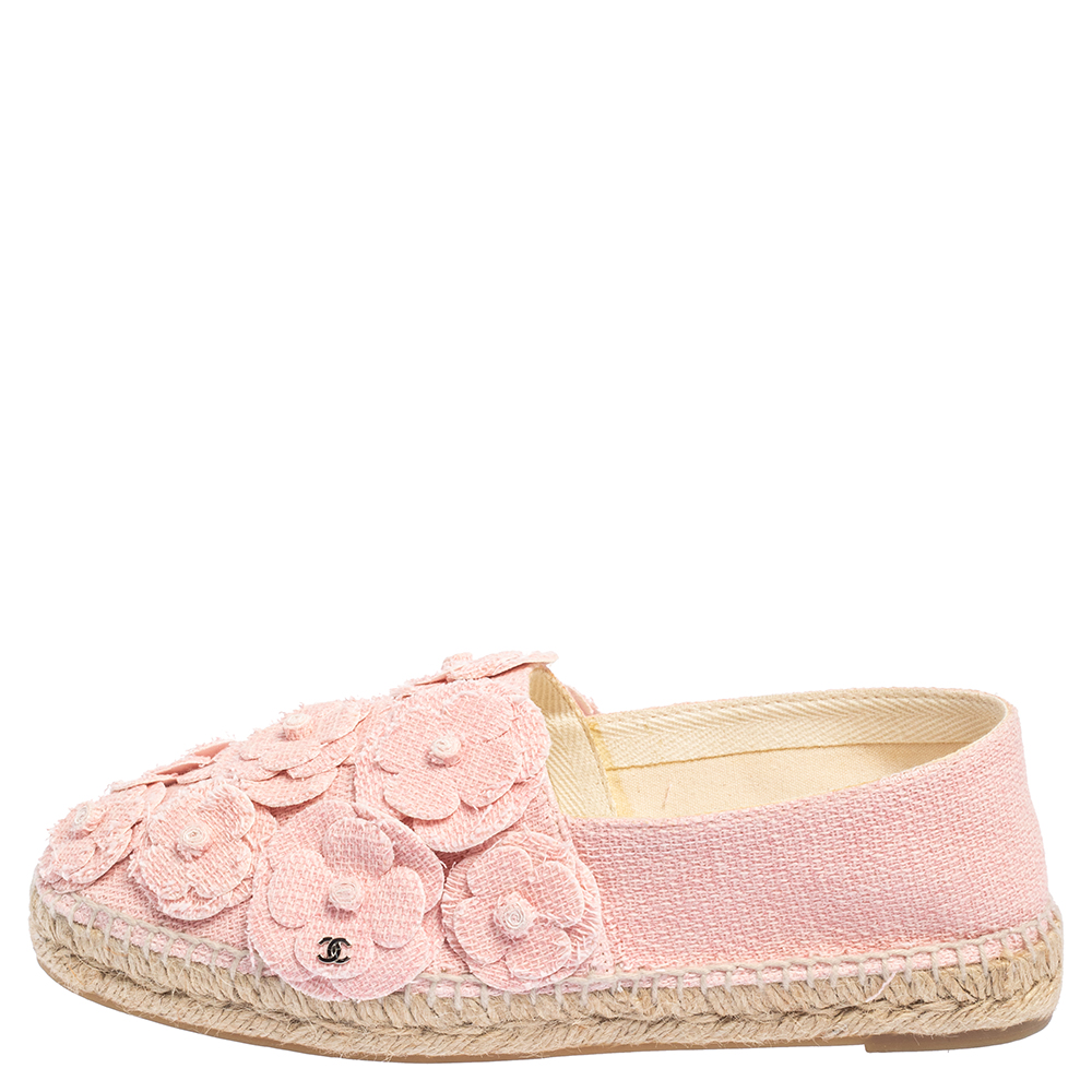 

Chanel Pink Tweed Fabric CC Camellia Espadrilles Size