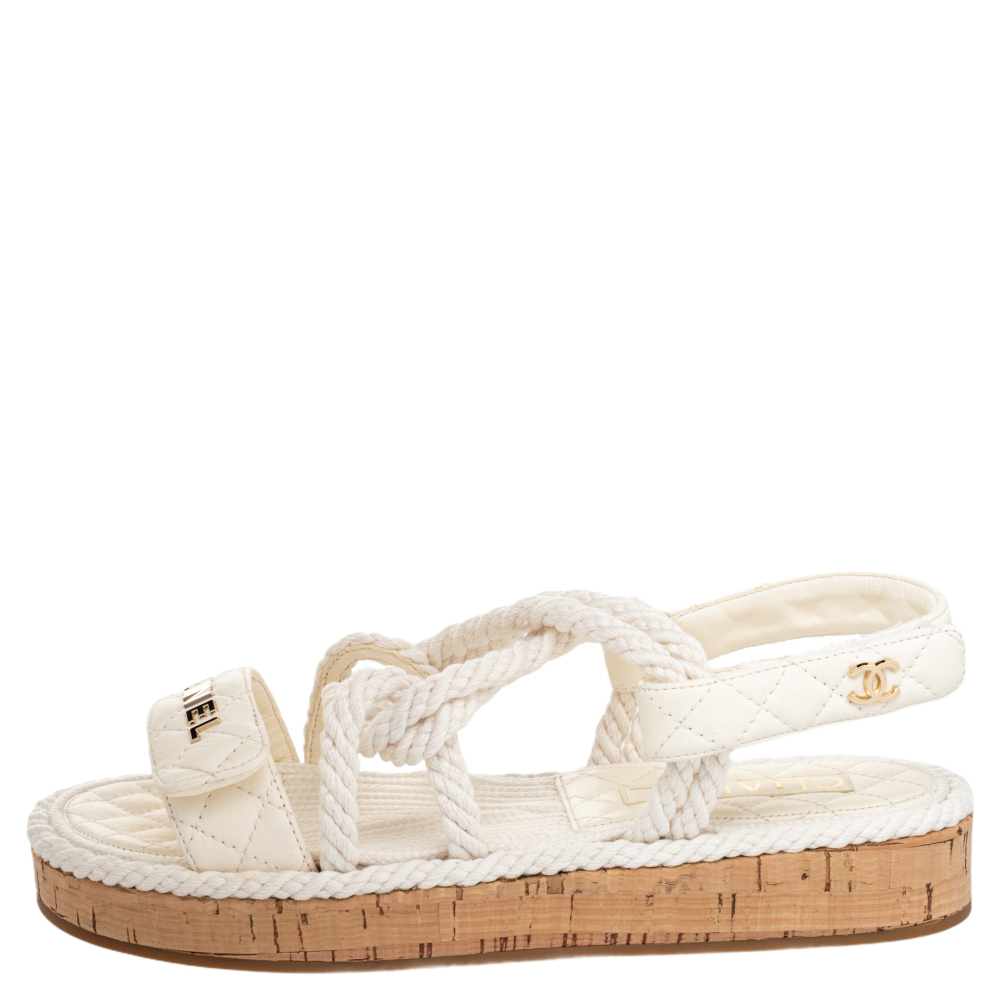 

Chanel Ivory Cord And Leather Cork Flat Slingback Sandals Size, White