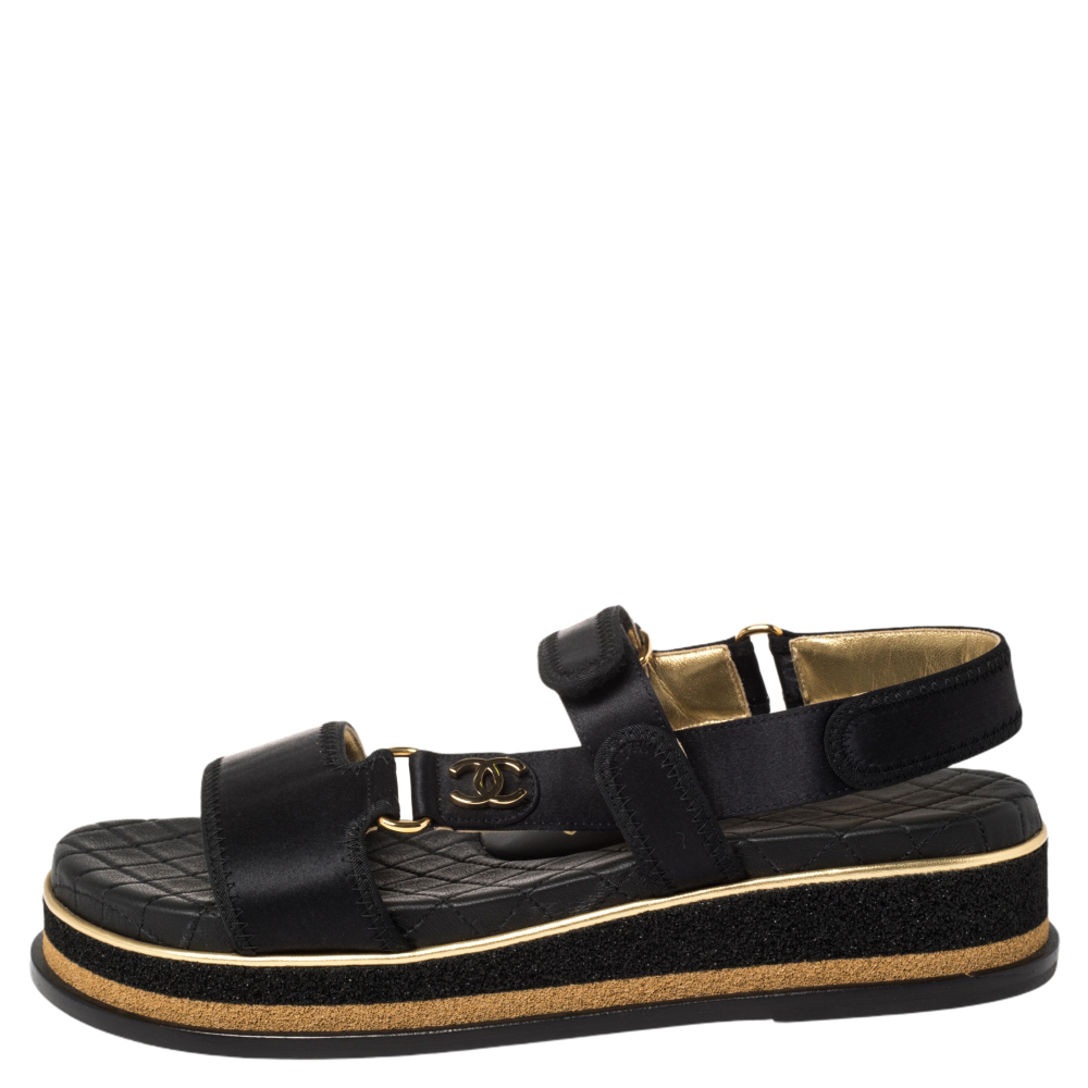 

Chanel Black Satin CC Velcro Strap Flat Sandals Size
