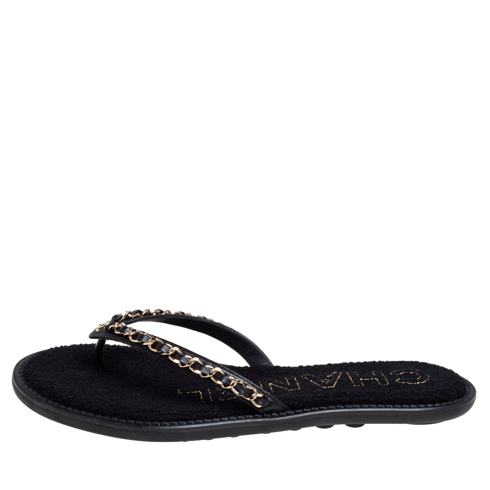 

Chanel Black Leather Chain Link Flip Flop Flats Size