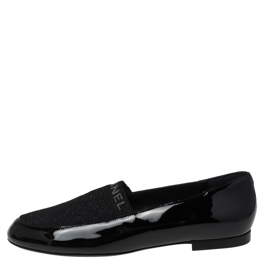 

Chanel Black Patent Leather and Knit Fabric Slip On Loafers Size