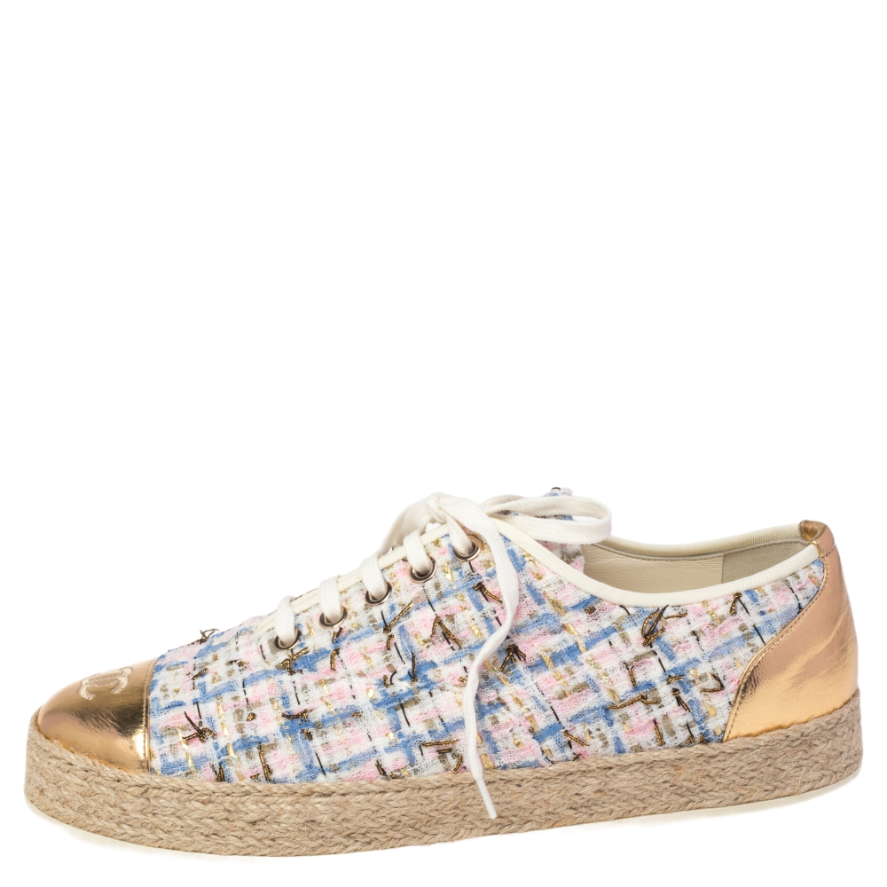 

Chanel Multicolor Tweed And Foil Leather CC Logo Low Top Espadrille Sneakers Size