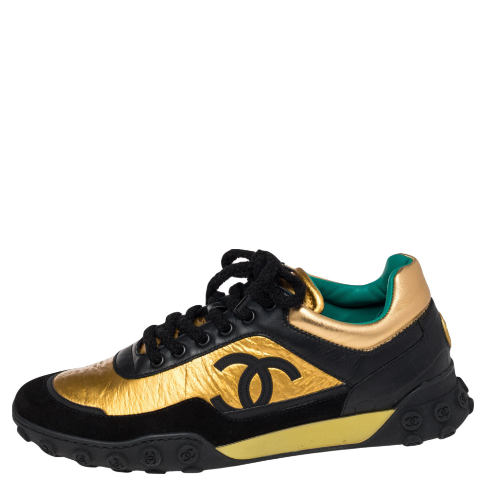 

Chanel Black/Gold Croc Embossed, Leather and Suede Logo CC Sneakers Size, Multicolor