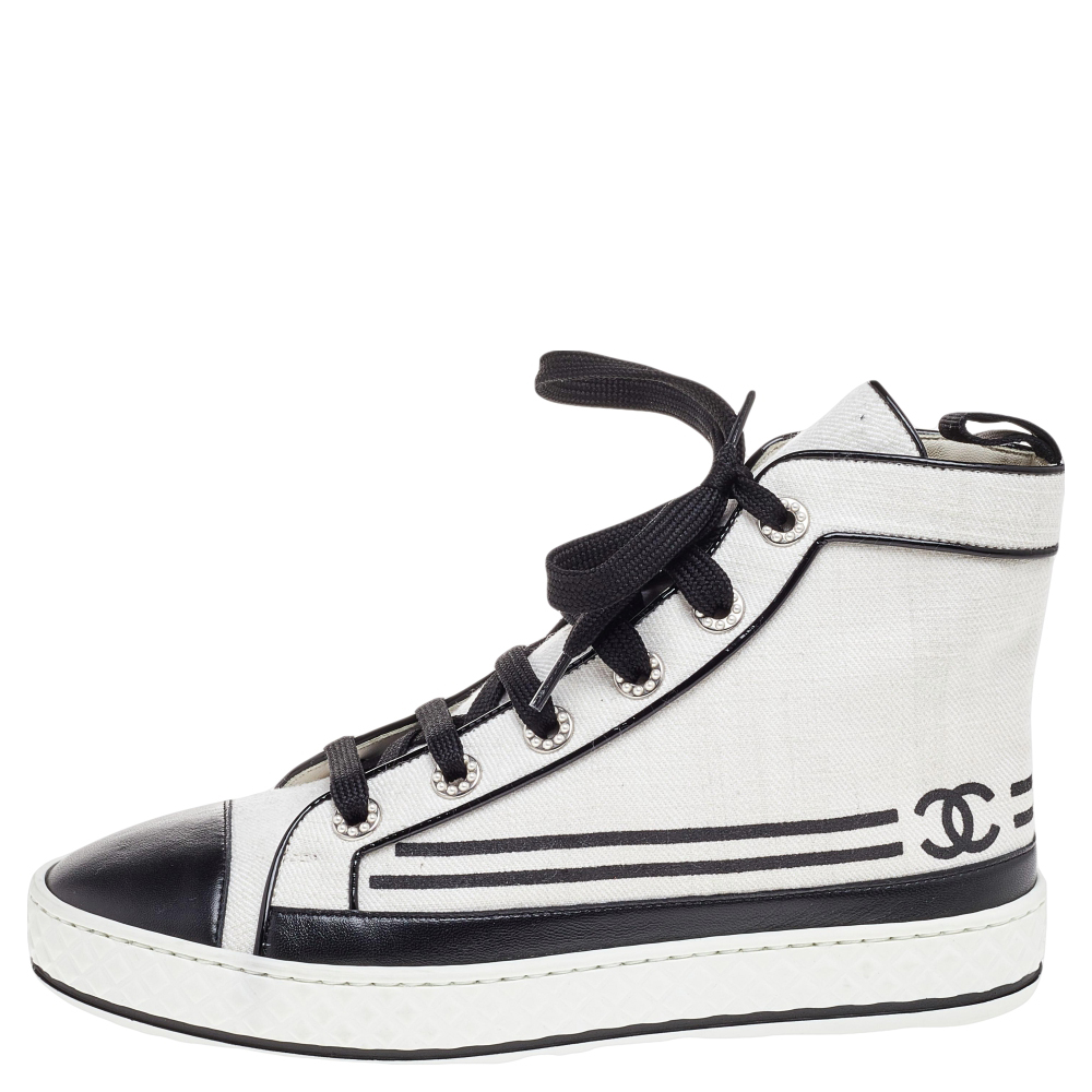 

Chanel White/Black Canvas Embellished Eyelet High Top Sneakers Size