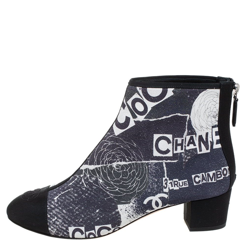

Chanel Multicolor Logo Printed Suede and Fabric CC Cap Toe Ankle Boots Size