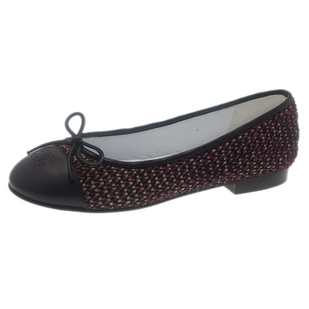 مملوكة مسبقًا Chanel Red Tweed Cap Toe Ballet Flats Size 37