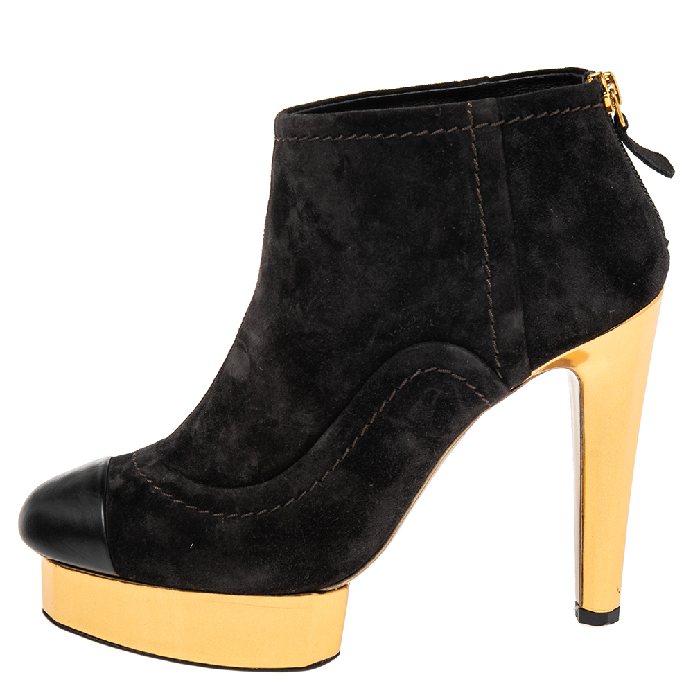 

Chanel Black Suede Cap Toe Platform Ankle Booties Size